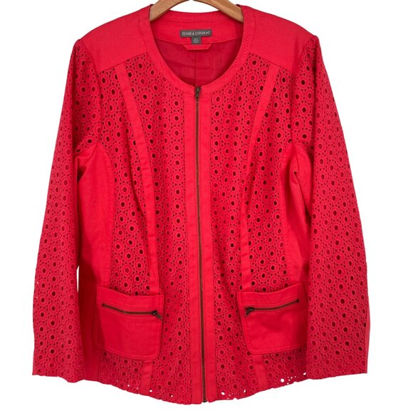 Jessica London watermelon Eyelet Jacket Pockets Cotton Spandex Womens size 16W - Picture 1 of 13